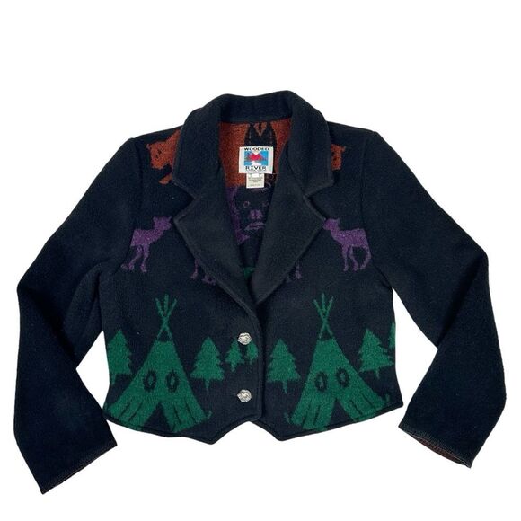Vintage Wooded River Jacket Crop Native Buffalo Tee Pee Totem Womens Sz M - Picture 1 of 5